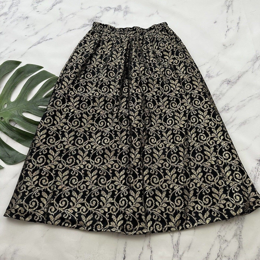 Christine David Womens Vintage Midi Skirt Size M New Gold Black Lace Metallic
